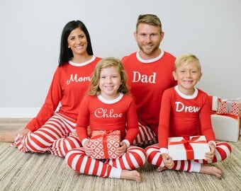 Embroidered Family Christmas Pajamas - Red Stripe Solid Top Pajamas - Matching Pajamas - Personalized Christmas PJs - Childrens PJs