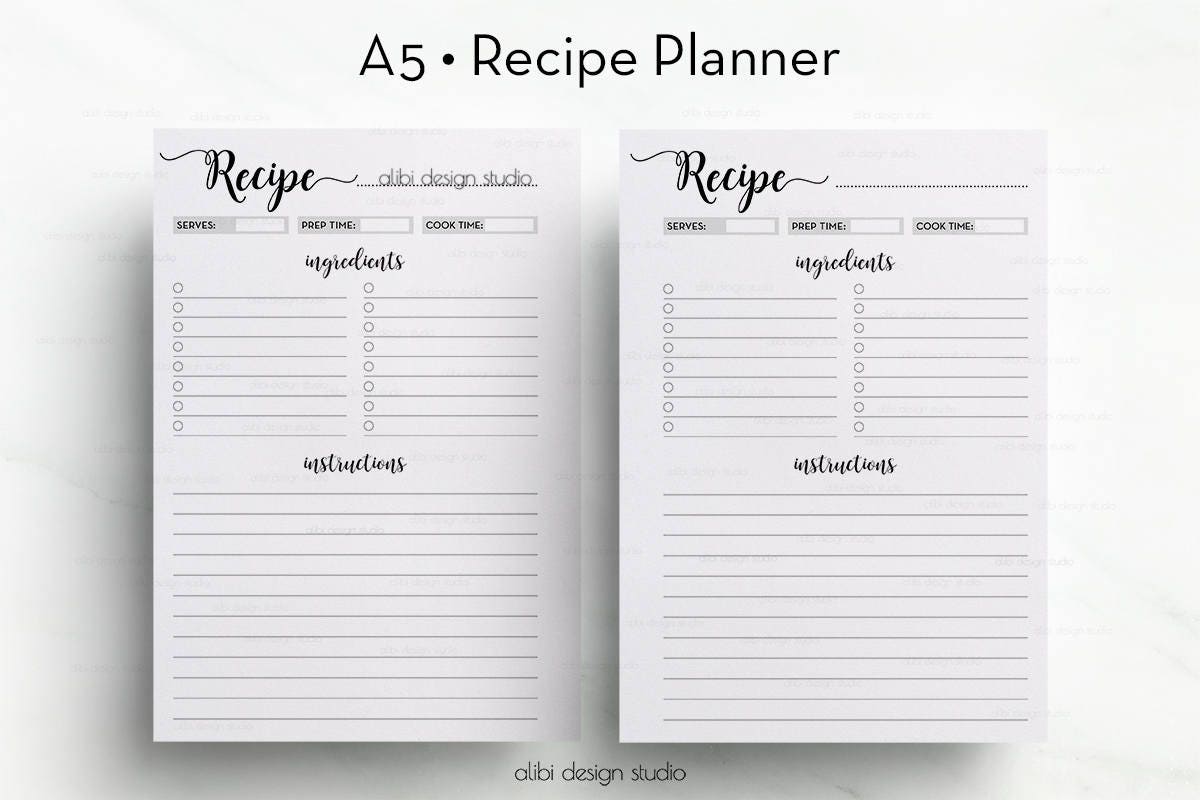 Recipe Planner Recipe Book A5 Planner Inserts Recipe