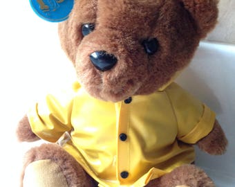 teddy bear with yellow raincoat