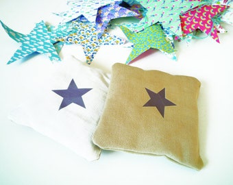 Lavender sachet pillow beige and white with star shaped taupe