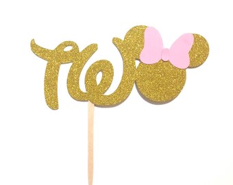 1 pc TWO Minnie Mouse Head Pink Gold Glitter Cake Topper for second Birthday Baby girl