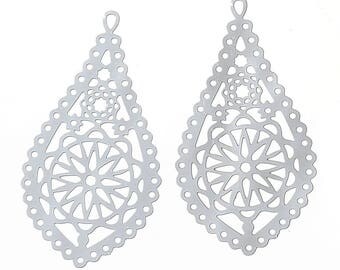 2 pendants, drops, stainless steel prints 30x16mm