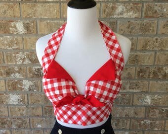 Handmade Red Gingham Country Western Vintage Style 1950s Retro Rockabilly Halter Midriff Crop Top XS Small Medium