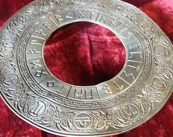 vintage silvery pewter crystal ball stand with runic and zodiac inscription