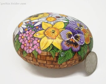Painted rock,painted stone,flower rock,flowers in basket,daisy,pansy,daffodil,lady bug,floral painting,garden decor,Mothers Day,Easter gift
