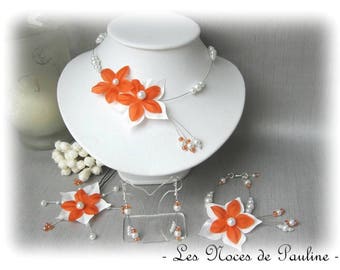Orange and white flower satin wedding set has Julia 10 pieces