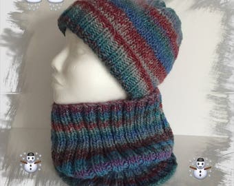 Man/woman/teen hat together and round neck/snood/cowl/scarf/tube, wool, warm and soft blue/grey/green/garnet color