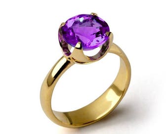 SALE 20% Off - CUP Amethyst Engagement Ring, Purple Amethyst Ring, Yellow Gold Amethyst Ring, Amethyst Promise Ring, Large Amethyst Ring
