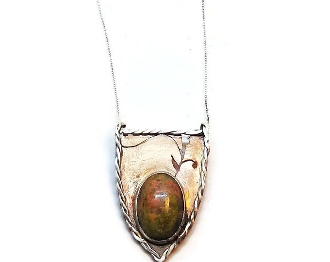 Mixed Metal Unakite Gemstone Necklace, Hand Sawn Copper and Sterling Silver Pendant, One of a Kind, Unique Birthday Gift