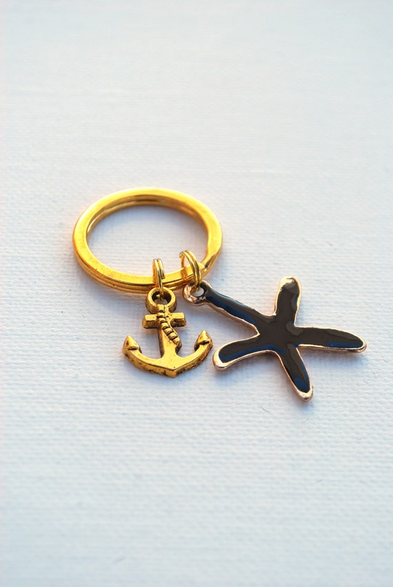 Gold Anchor Keychain with Sea Star Nautical Key Rings