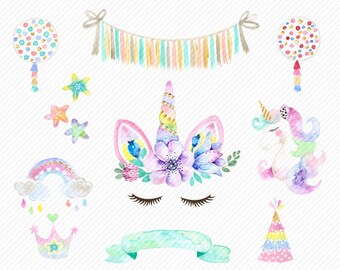 watercolor Unicorn Clipart. Unicorn Printable. Baby Shower Kids Party clipart. rainbow, clipart illustration.diy baby birthday invite.