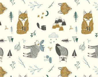 ORGANIC Jersey Knit Fabric - Woodland Animals in Mustard - UK Seller