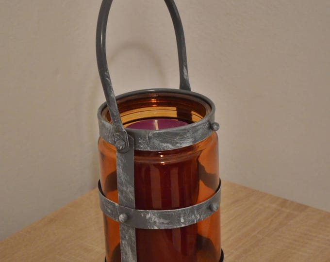 10%OFF Rustic lantern with orange color glass / lantern / lanterns / rustic lanterns / rustic home decor