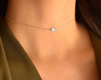 Solitaire Diamond Choker Necklace - Sterling Silver cz Necklace, small diamond necklace, tiny diamond necklace, Birthday gift for her