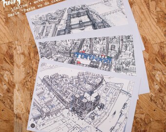 Lot de 3 Grandes cartes postales de Paris avec enveloppes, Batch of 3 Postcards of Paris, Cartes de voeux, Greetings cards