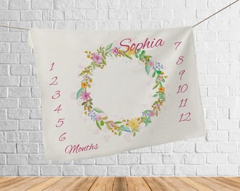 Girls Milestone blanket, Baby blanket personalized, Kids blanket, baby blanket wreath, Baby shower, It's a girl, Monthly blanket, Mom to be