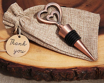 Wine stopper wedding favors - copper double herat stopper - Double heart Vintage copper wine stopper favor-