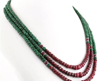 25% Sale Three Row 3mm-4mm Faceted Emerald Beads And Ruby Beads Necklace,Customized Length Option