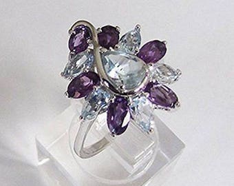 Bague (Bijou) Argent Améthystes Topazes bleues Taille 57