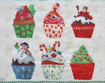 2 pcs Decoupage napkin 33x33cm, 3-ply, Paper Napkin, Decoupage, Scrapbooking, Santa Claus, Christmas, snowmen, cupcake -NR16