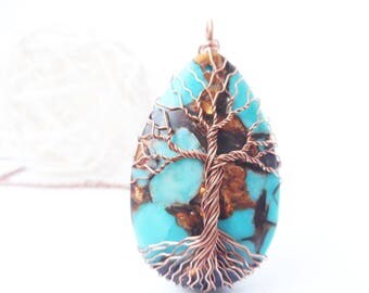 Gift for her, Tree-of-life Pendant, Turquoise Necklace, Copper Wire Wrapped Jewelry, Birthday Gift, Protection Amulet, Anniversary Gift