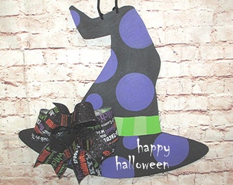 Happy Halloween Witch Hat Wood Door Hanger Wreath, Fall Decorations