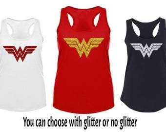 Wonder Woman Glitter Tank Top DC Super Hero, Women Tank top, Wonder Women Costume tank top, workout tank top, Wonder Woman Movie Inspired,