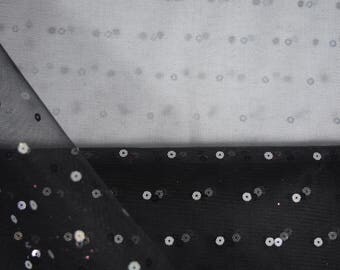 Mesh Fabric- Silver Sequins on Black Mesh- By the Yard