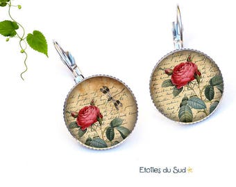red vintage peony flowers earrings, surgical steel hooks, ref.217