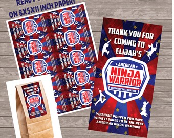 American Ninja Party favor thank you tags, Ninja Warrior Birthday Party American Ninja digital printable favor tags