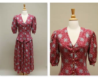 Vintage Gunne Sax Dress ⎮ Vintage 80s Maxi Dress ⎮ Cranberry Red Floral Dress