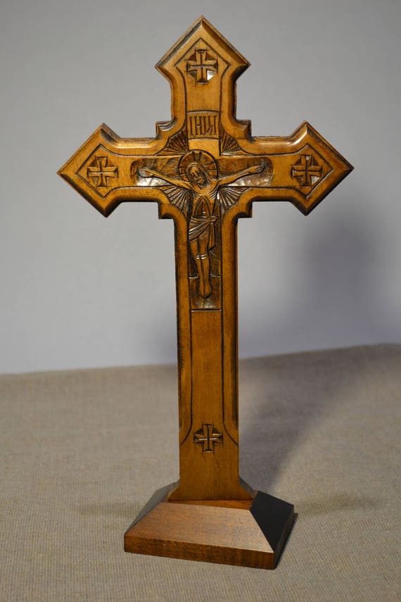 Items similar to Table Crucifix Tabletop Cross Wooden Cross Carved
