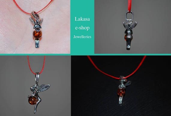 Necklace Fairy Baltic Amber Sterling Silver Jewelry lakasaeshop Best gift ideas for her Birthday Woman Girl Best price Fairytale red cordon