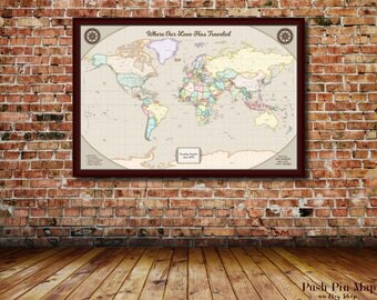 Nephew Gifts For Christmas, Detailed World Push Pin Map, 24x36 or 30x40 Mounted Map, 100 Push Pins, Color Scheme Options