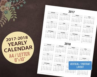 2017-2018 Yearly Calendar, Vertical Wall Calendar, Desktop Calendar, 2 Year Calendar, Printable Calendar, A4, Letter, 8"x10", 2017 Calendar