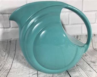 Hall China Pottery Streamline Art Deco Style Turquoise Water Server Pitcher 1338 Ball Server Round Green Blue