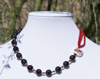 Necklace with Lampwork Focal Bead, Red, White & Black OOAK