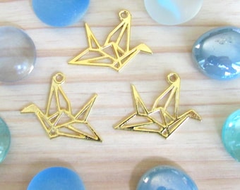 Origami crane pendants, set of 4, gold crane charm, gold bird charms, origami charms, open bird charm, large bird charm, origami supplies