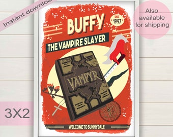 Buffy the vampire slayer tv show digital poster | Retro Welcome to Sunnydale art print | Vintage style vampyr illustration instant download