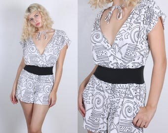 80s Geometric Romper // Vintage Black White V Neck Playsuit - Small