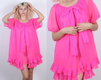60s Hot Pink Negligee Set // Vintage Sheer Bow Peignoir Nightie Robe Short Sleeve Ruffle Slip - Medium