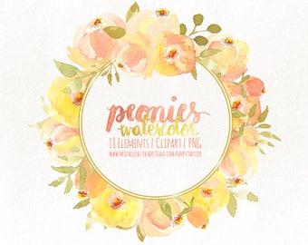 80% OFF! Watercolor Flowers Clipart, Flower, Floral, PNG, Clip Art, Watercolour, Wreath, Bouquet, Wedding, Peonies Peony Yellow, Heart F018