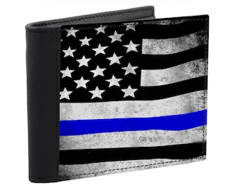 Men's Leather Wallet Thin Blue Line USA Flag Wallet Stars and Stripes Made in USA American Flag Patriotic Police Gift Leather Bill fold