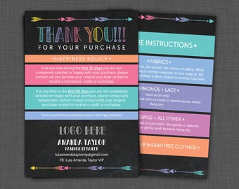 Lularoe Thank You - Lularoe Care Card - Happiness Policy - Lularoe Care Instructions Card - Personalized