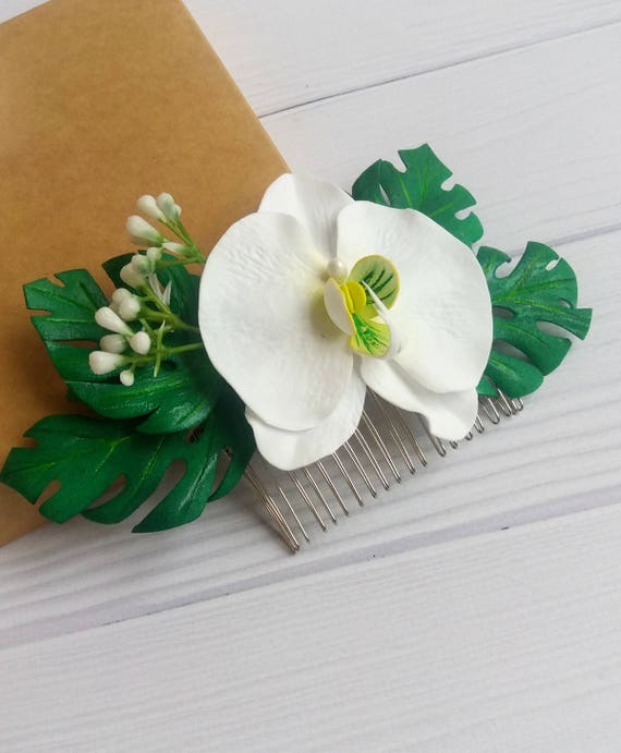 Beach wedding tropical Orchid hair clip Monstera hair piece