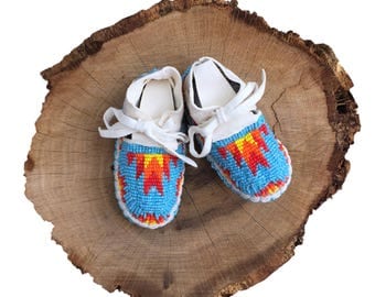 Baby Moccasins-Soft Sole Leather Shoes-Native American Art-Baby Shower Gift-Beaded Moccasins-Boy-Girl Moccasin - Turquoise