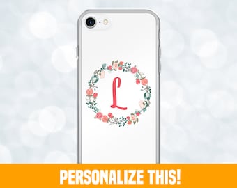 Personalized Initial, iPhone Case, Monogram Art, Floral Wreath, Cursive Letter, Pink Flower Print, Gift for Her, College Student Gift