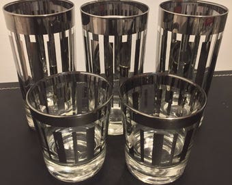 Mid Century Modern Silver Stripe Highball and Lowball Glasses- Mad Men Era