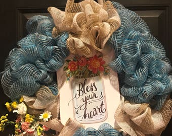Bless Your Heart Blue Deco Mesh/ Burlap Wreath