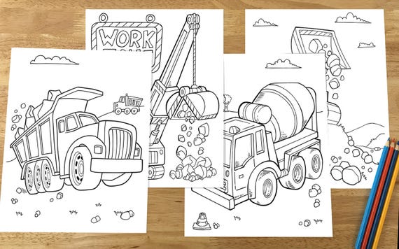 Download Cute Construction Vehicles Coloring Page Set Downloadable PDF